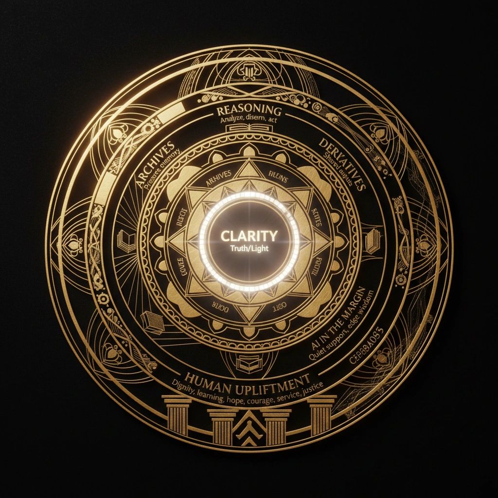 ARTIORE Framework Seal - Complete framework showing Clarity, Reasoning, Archives, Derivatives, AI in the Margin, and Human Upliftment